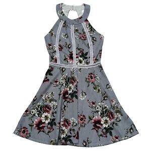 Crystal Doll Floral Stripe Skater Halter Dress Juniors 3